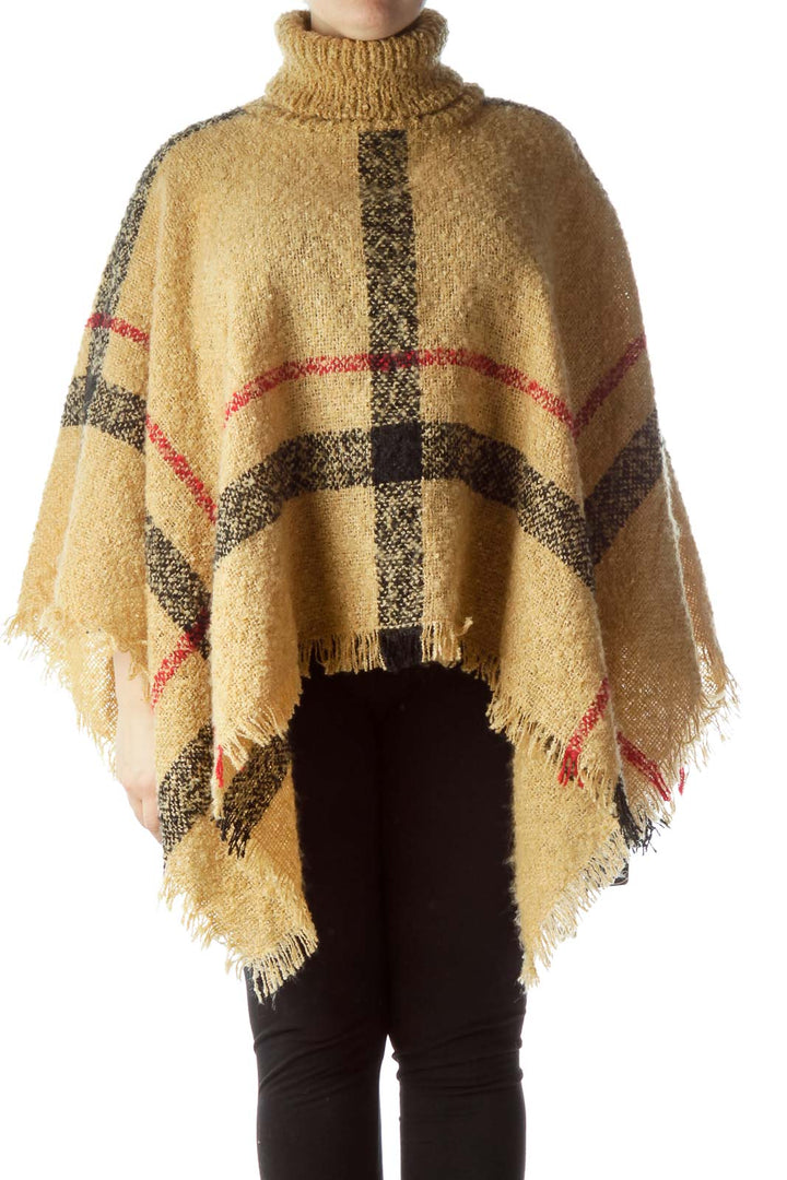 Beige Black Red Plaid Turtle Neck Knit Poncho