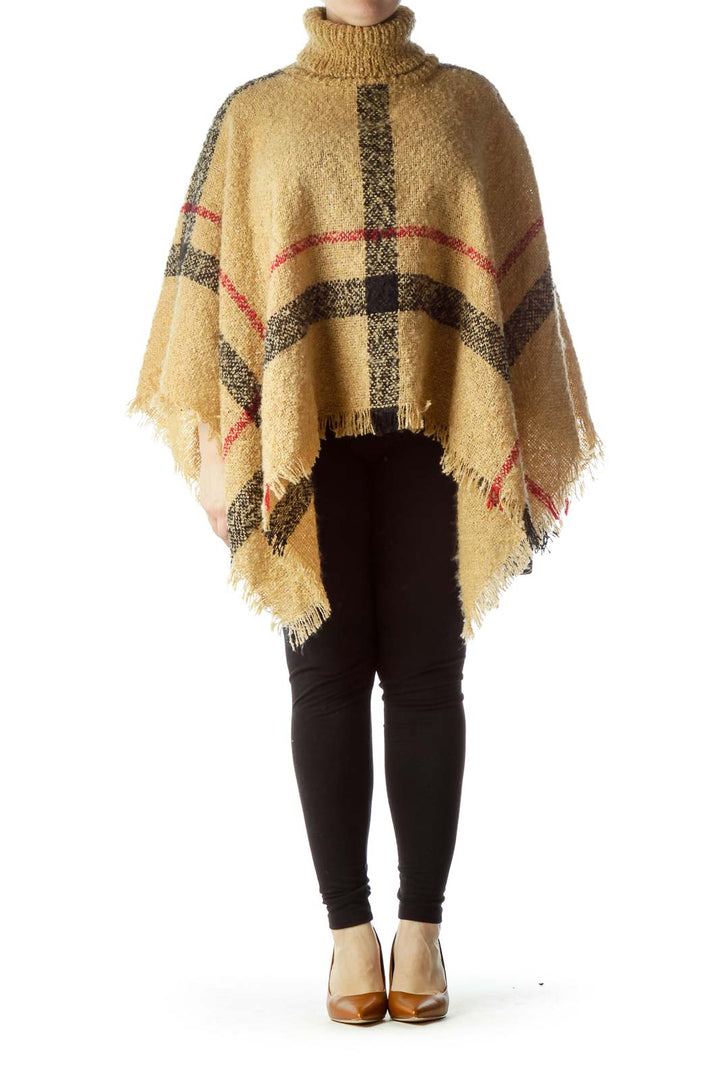 Beige Black Red Plaid Turtle Neck Knit Poncho