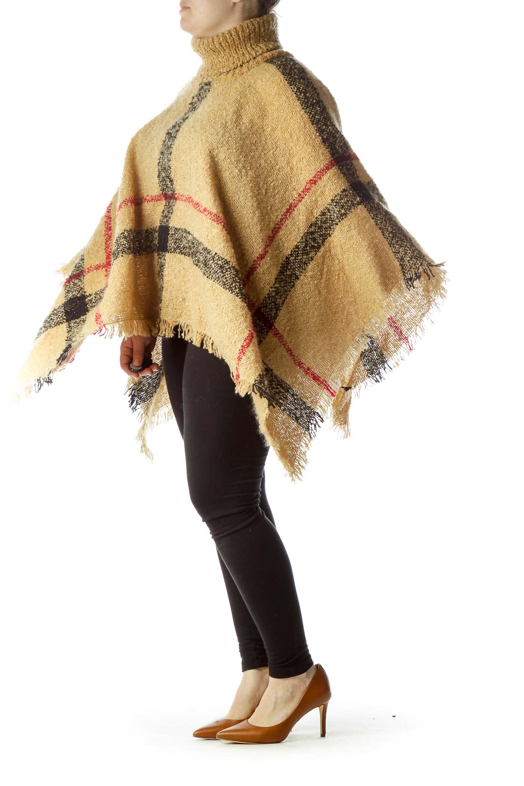 Beige Black Red Plaid Turtle Neck Knit Poncho