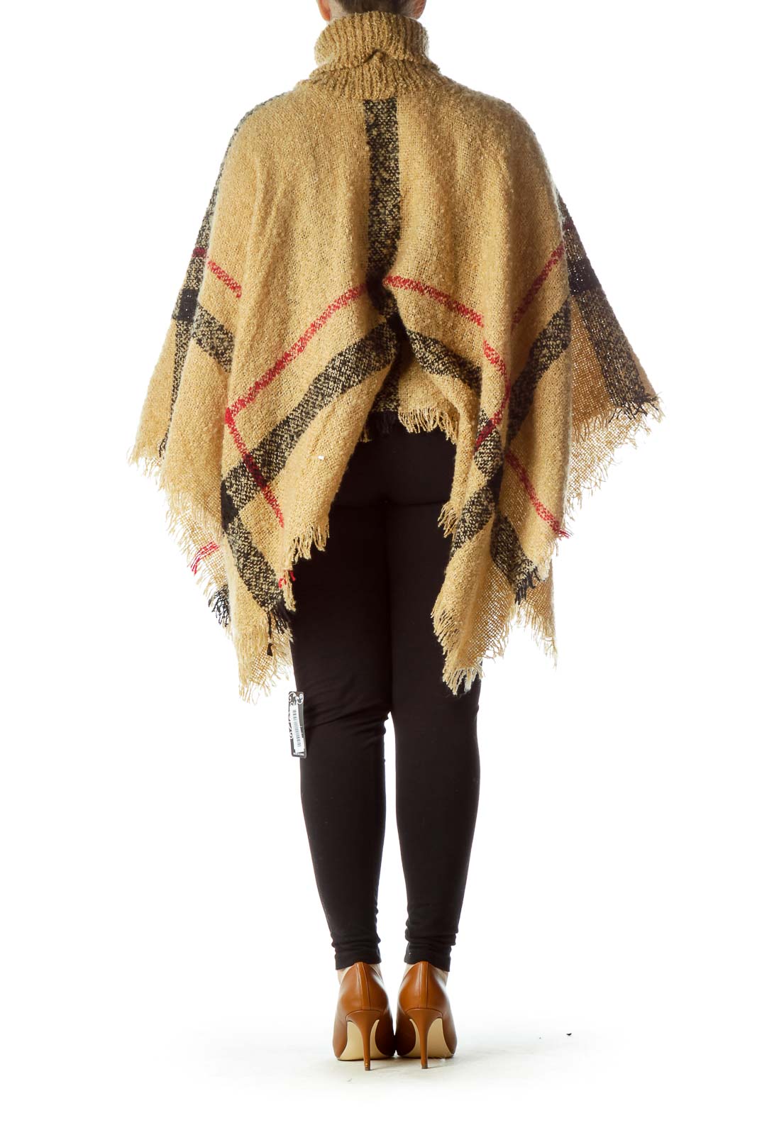 Beige Black Red Plaid Turtle Neck Knit Poncho