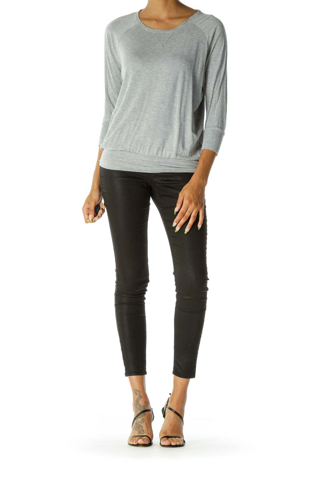 Gray Round Neck Stretch Jersey Knit Top