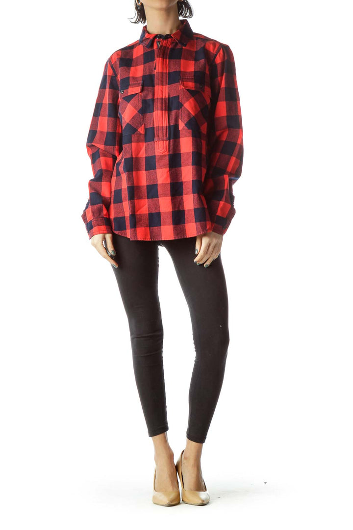 Navy Blue Red Checkered Knit Shirt