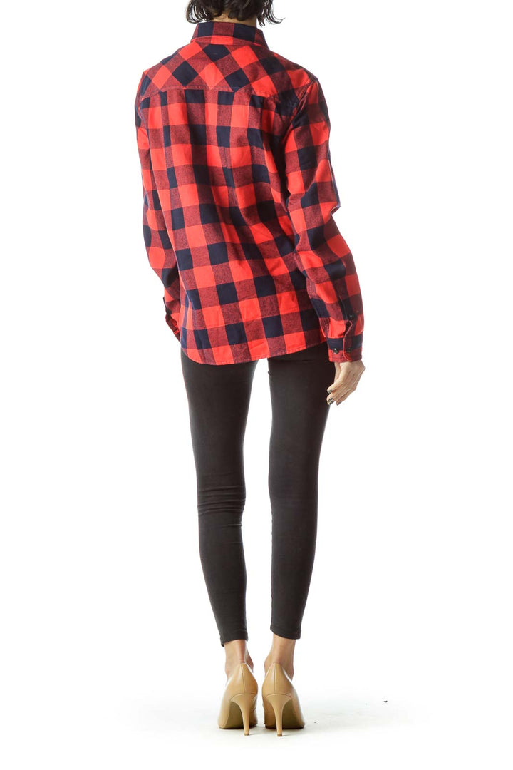 Navy Blue Red Checkered Knit Shirt