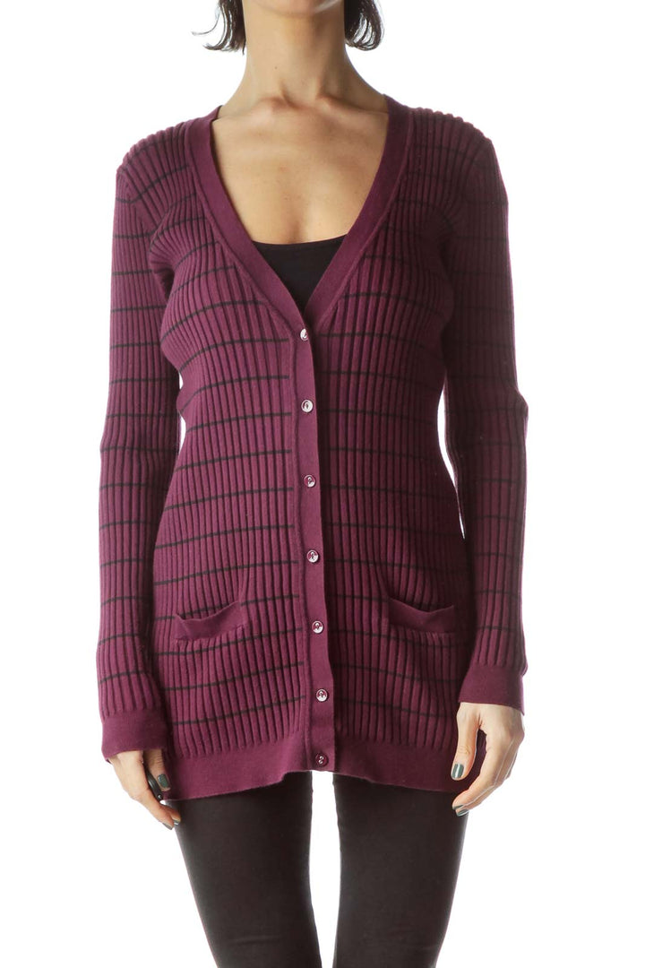 Purple Black Stripes Long Stretch Cardigan