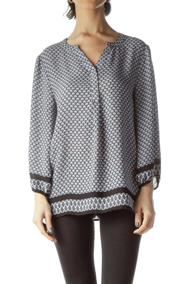 Black White Print 3/4 Sleeve Shift Blouse