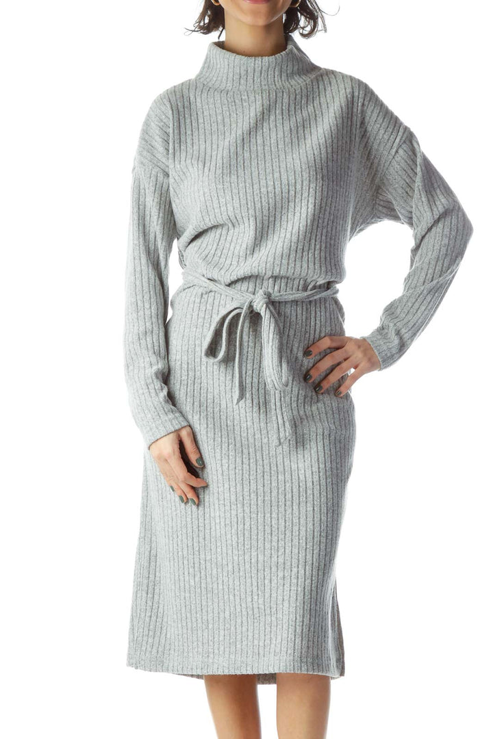 Gray Mock Neck Midi Sweater Dress