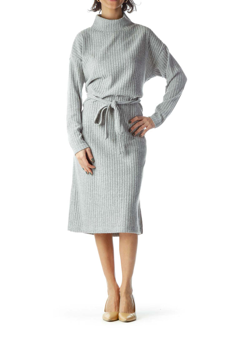 Gray Mock Neck Midi Sweater Dress