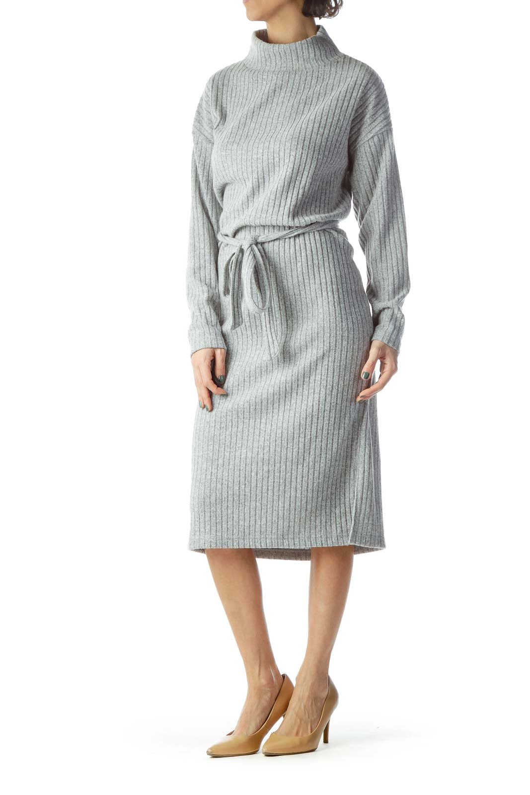 Gray Mock Neck Midi Sweater Dress