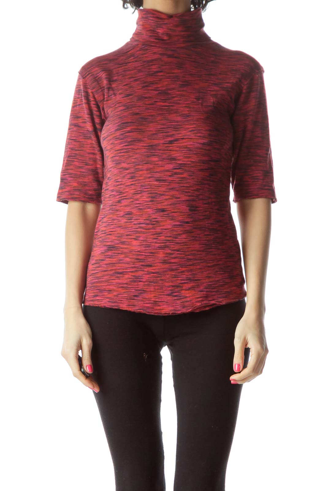 Front view of Free People red marled turtleneck top with elbow-length sleeves