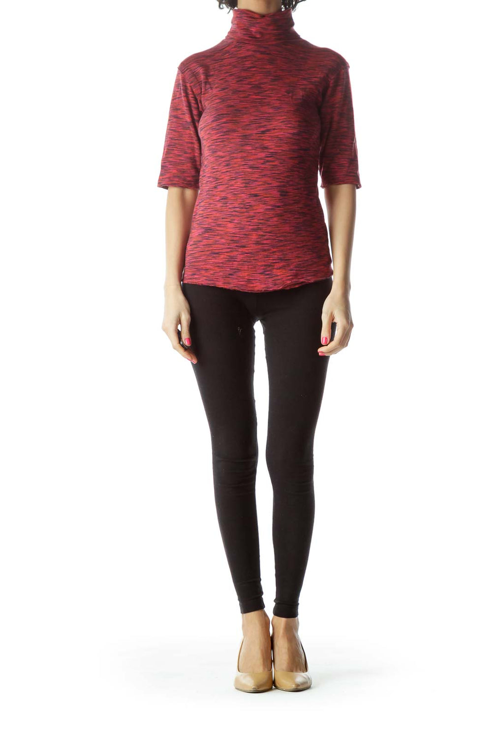 Front view of Free People red marled turtleneck top with elbow-length sleeves