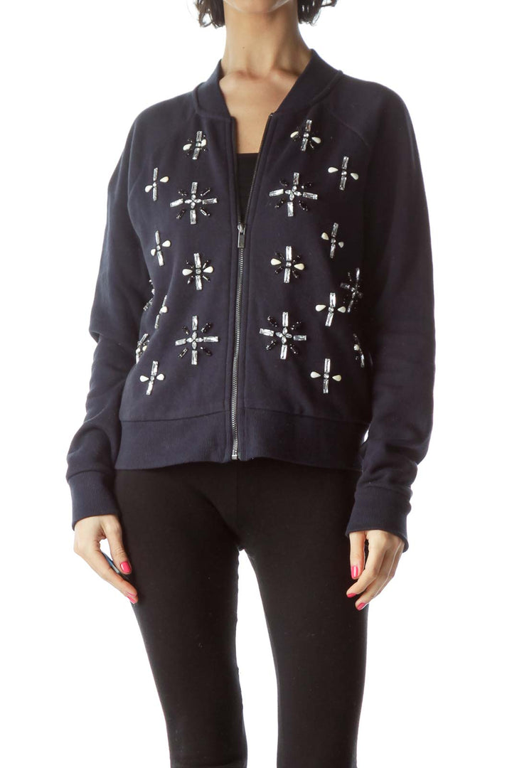 Navy Bejeweled Zippered Jacket