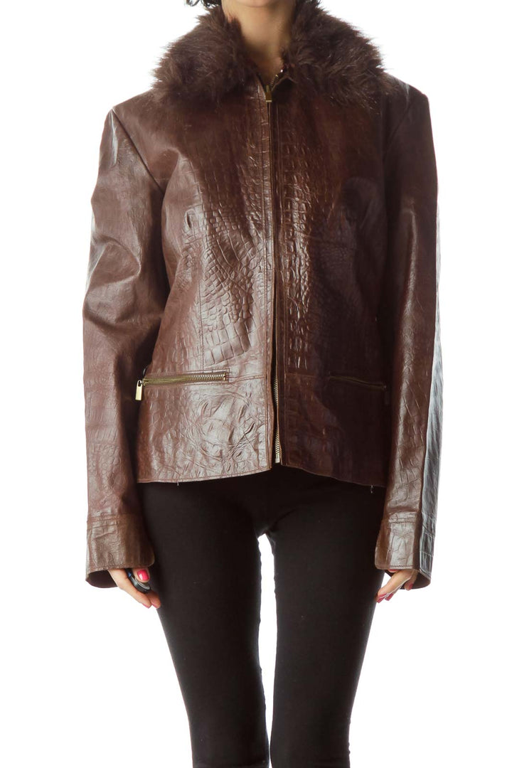 Brown Faux-Fur Collar Leather Jacket