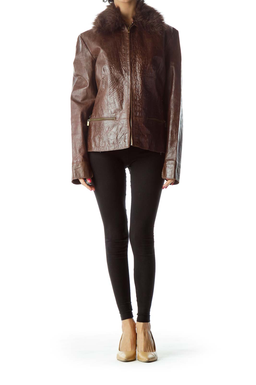 Brown Faux-Fur Collar Leather Jacket