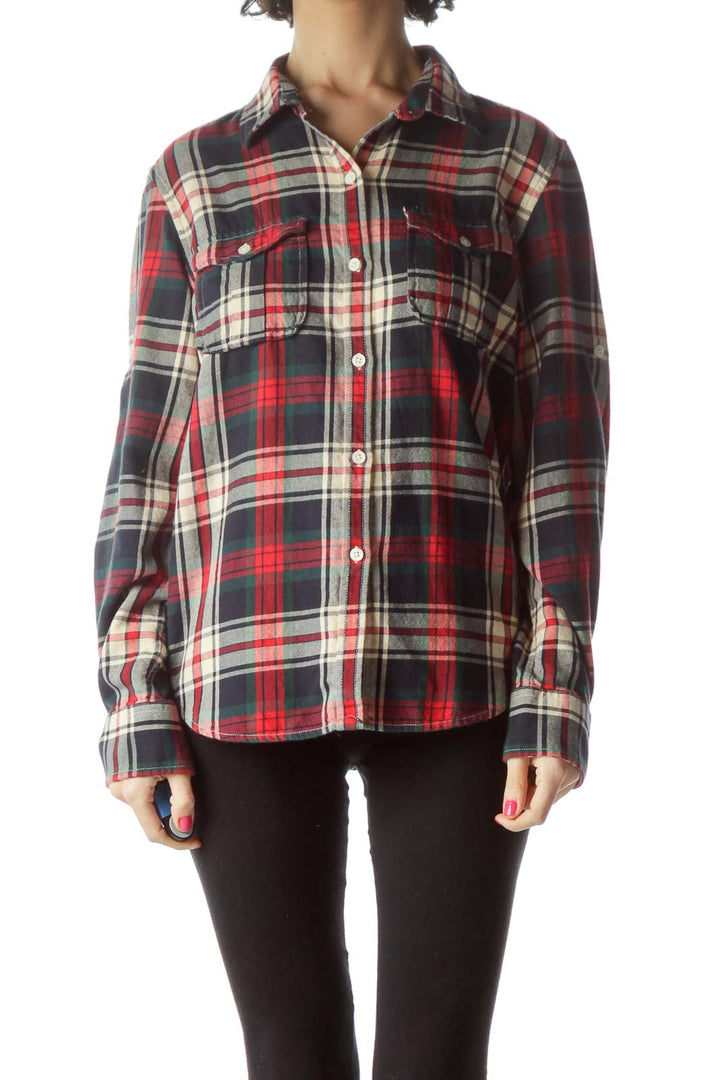 Front view of red plaid flannel shirt by Lauren Jeans Co. Ralph Lauren