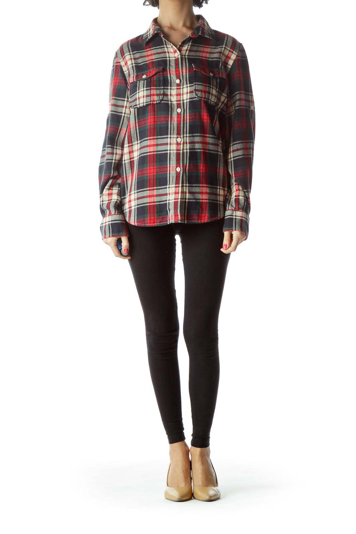 Front view of red plaid flannel shirt by Lauren Jeans Co. Ralph Lauren