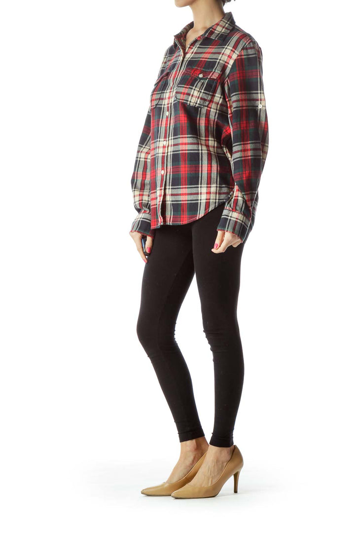 Front view of red plaid flannel shirt by Lauren Jeans Co. Ralph Lauren