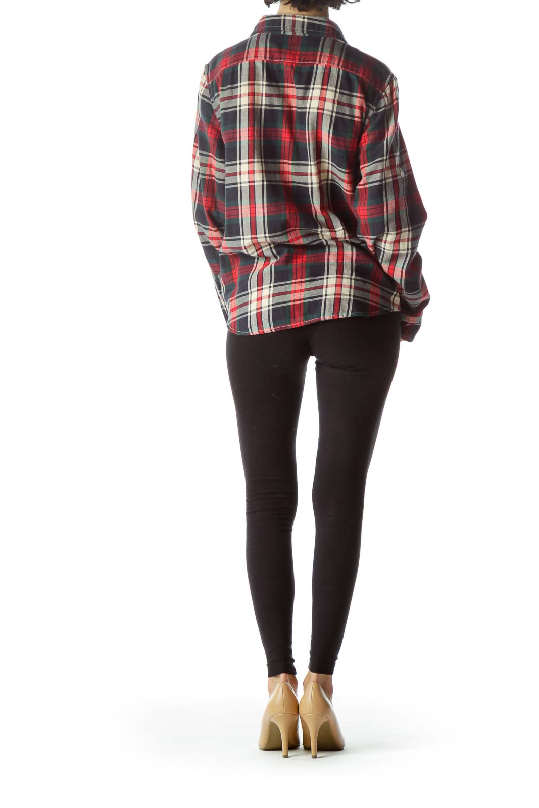 Back view of red plaid flannel shirt showing full pattern