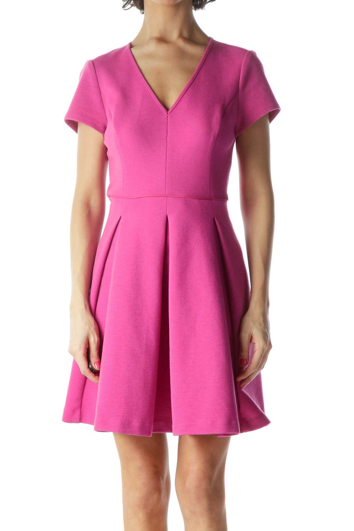 Pink V-Neck Flared Dress