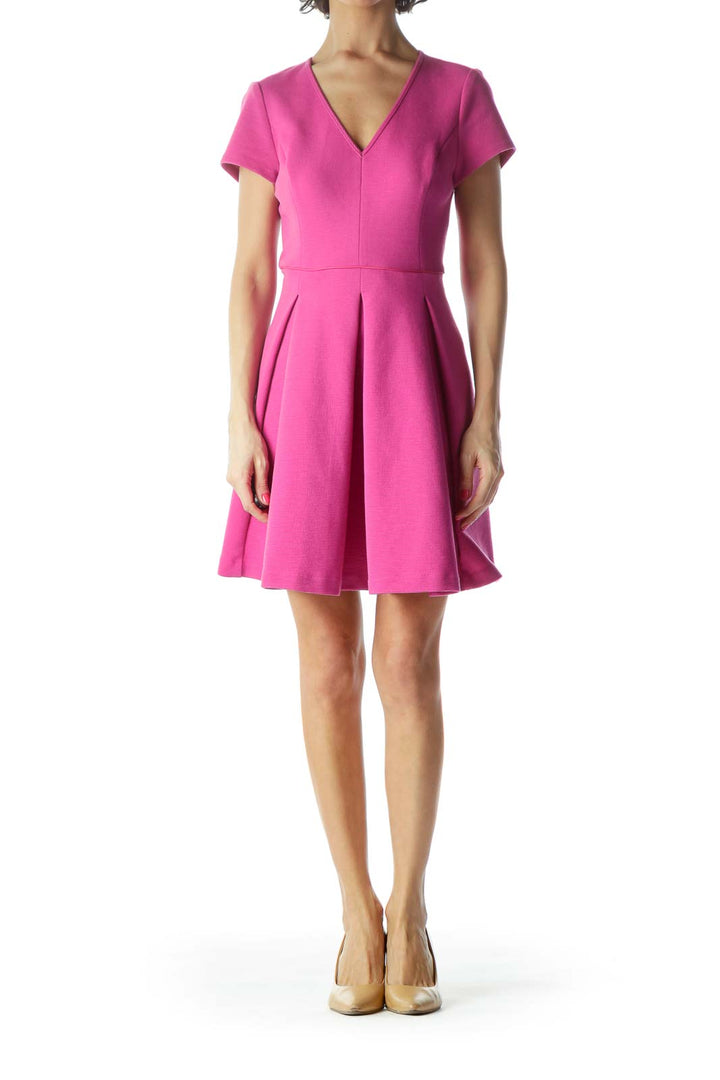 Pink V-Neck Flared Dress