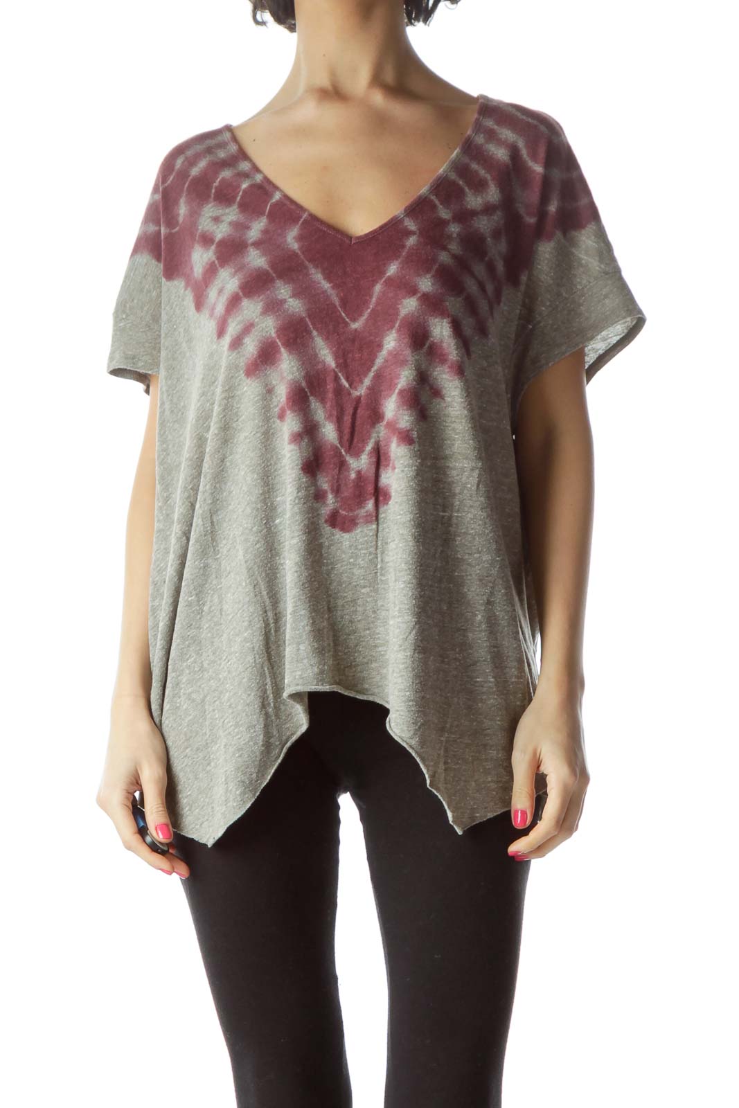 Front view of Free People gray and burgundy tie-dye oversized V-neck top