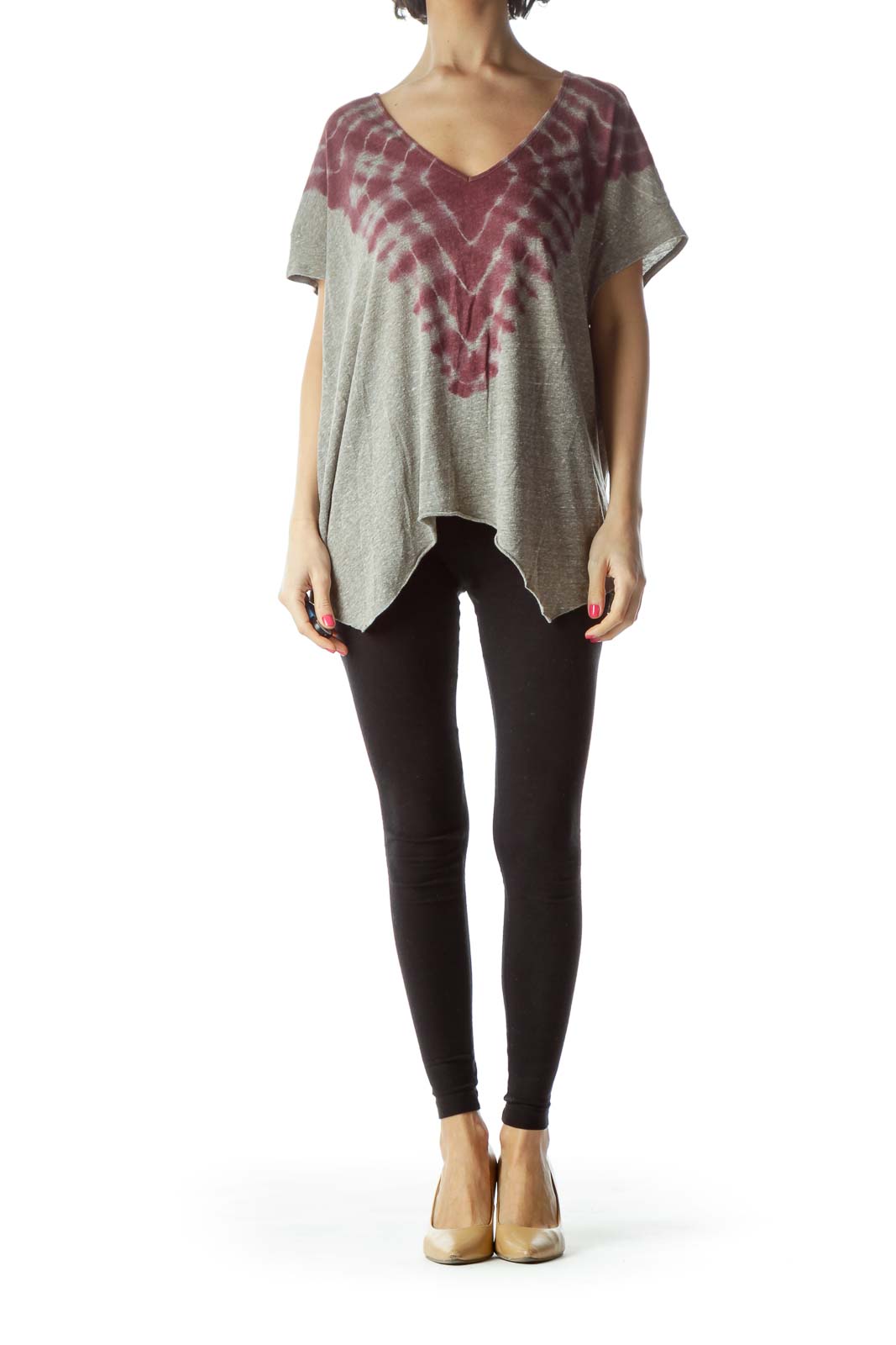 Front view of Free People gray and burgundy tie-dye oversized V-neck top