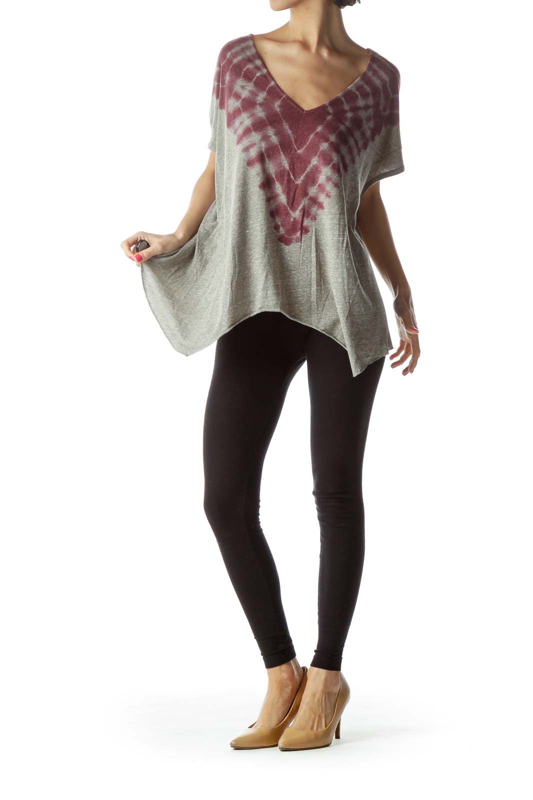 Front view of Free People gray and burgundy tie-dye oversized V-neck top