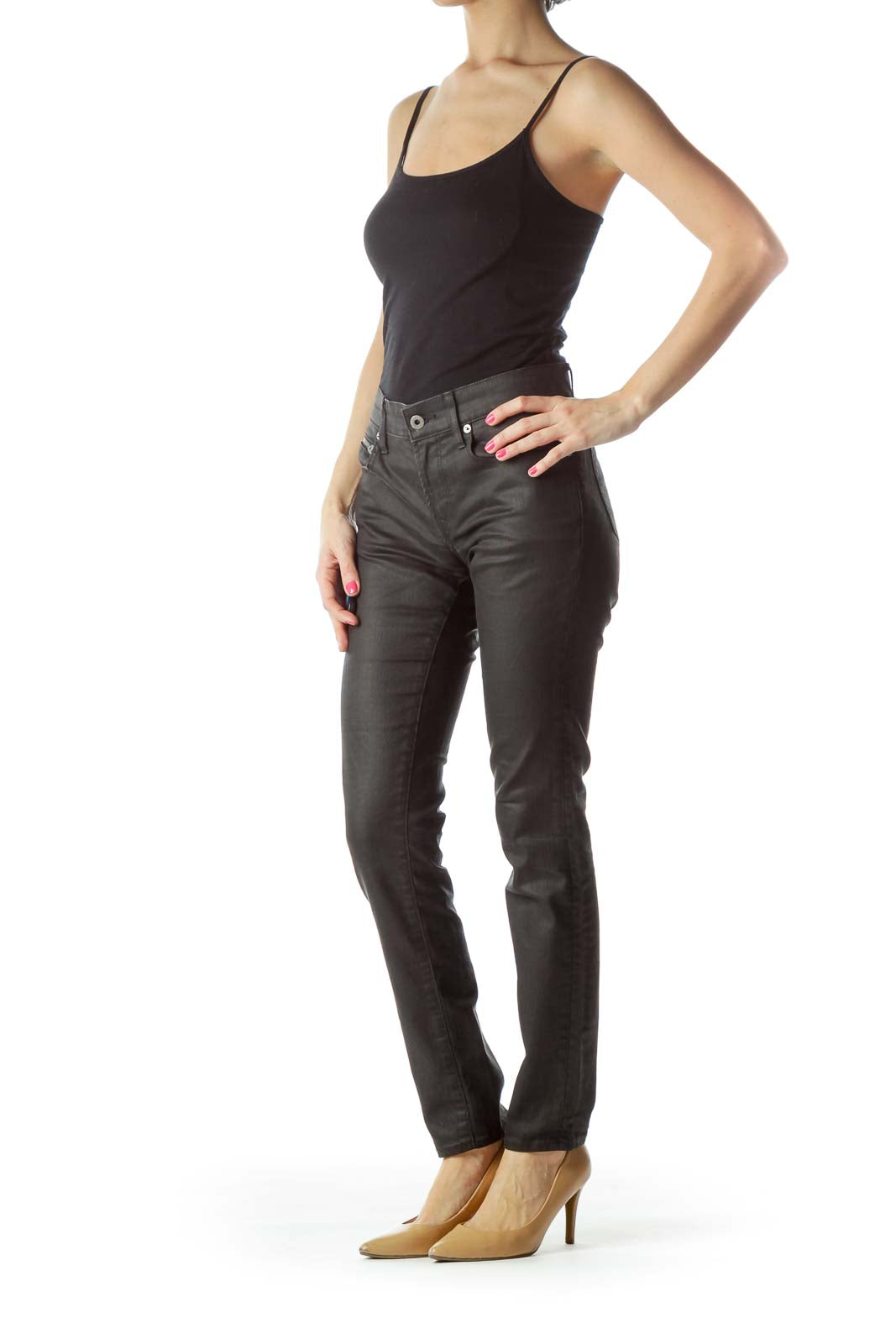 Black Denim Skinny Jeans with Zipper Pockets