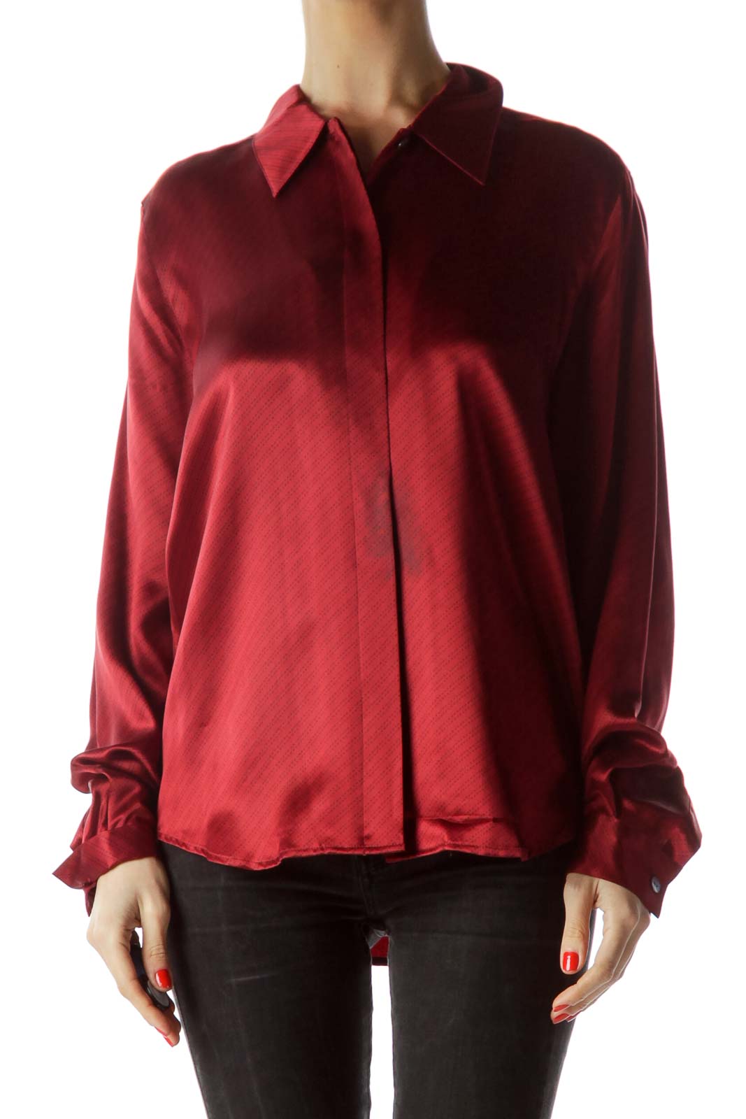 Front view of CITY SILK red satin long-sleeve button-down shirt