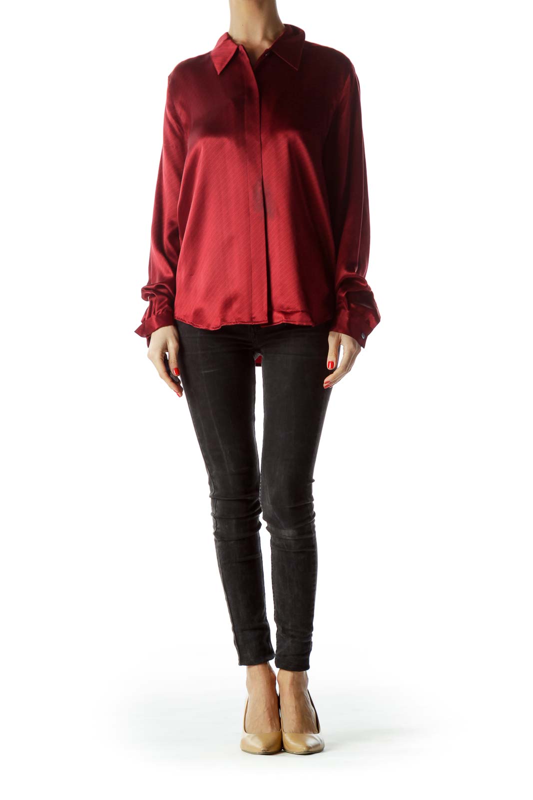 Front view of CITY SILK red satin long-sleeve button-down shirt