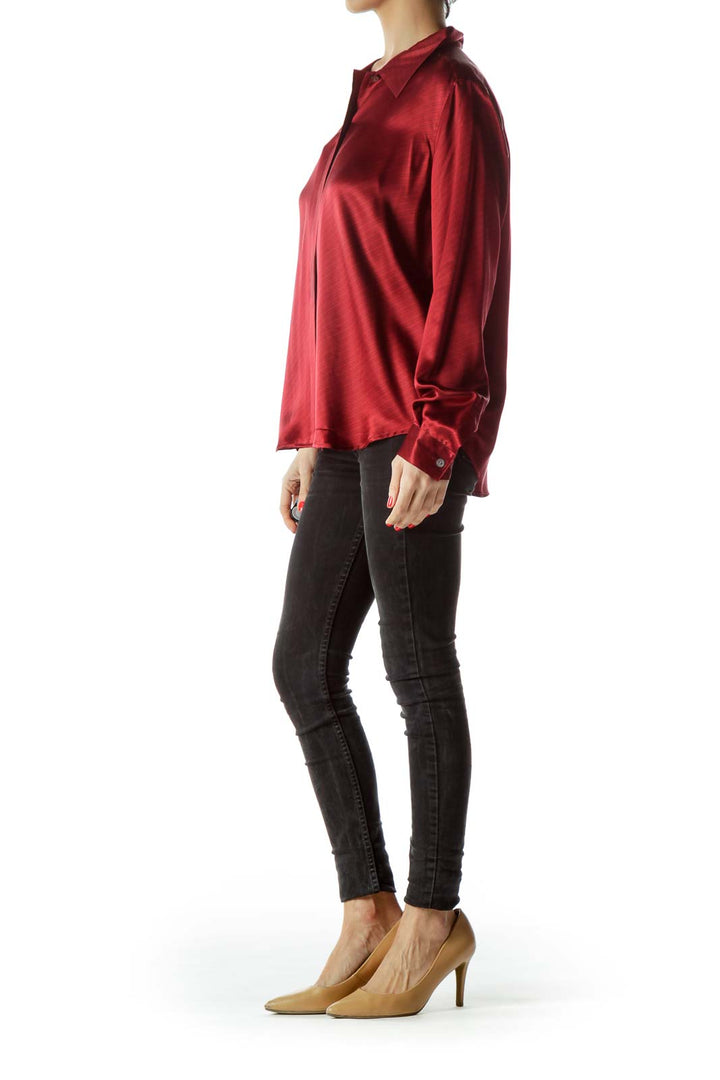 Front view of CITY SILK red satin long-sleeve button-down shirt