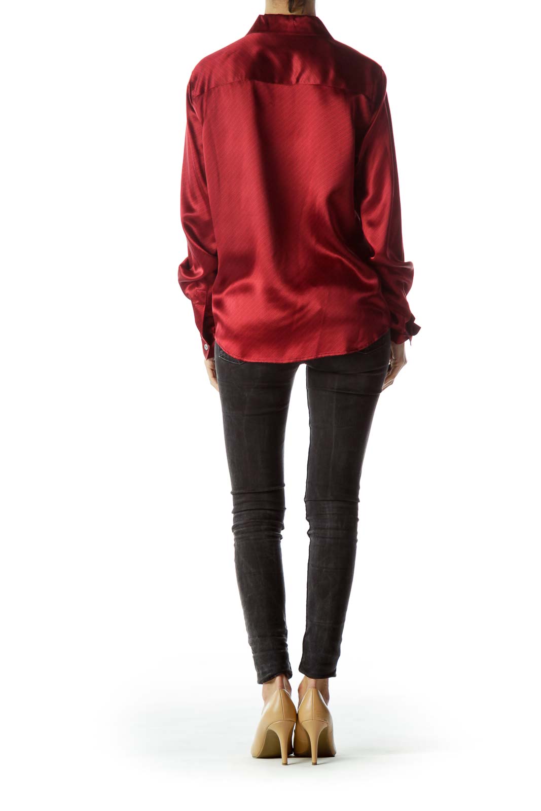 Back view of CITY SILK red satin long-sleeve button-down shirt