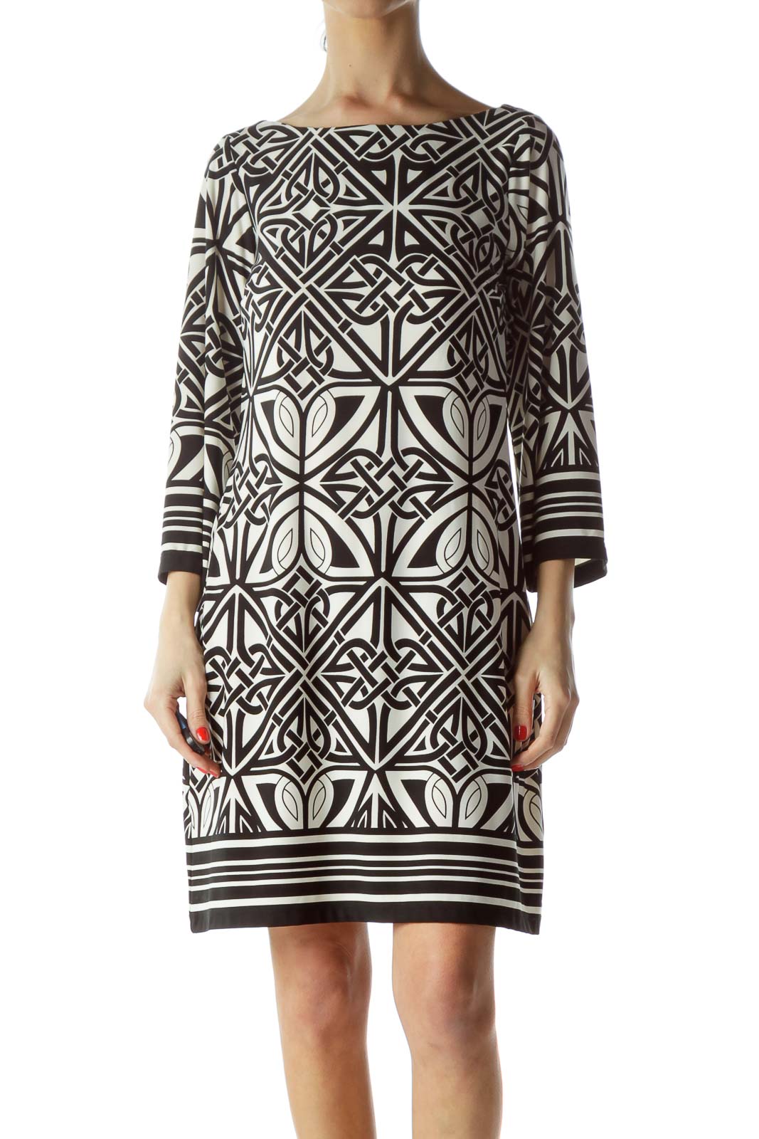 Front view of Enfocus Studio Black and White Geometric Print Shift Dress