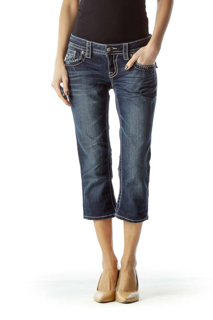 Blue Dark Wash Stitched Capri Denim Jeans