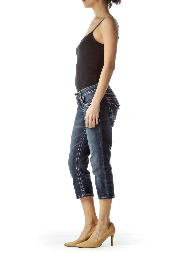 Blue Dark Wash Stitched Capri Denim Jeans