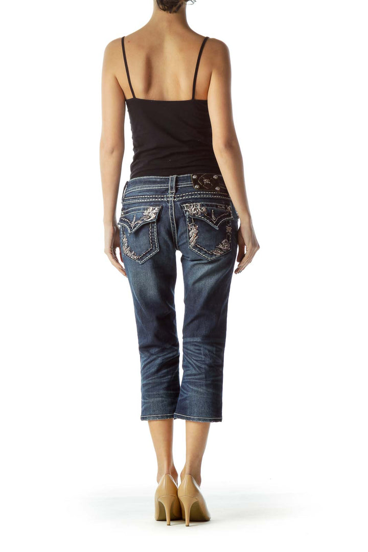 Blue Dark Wash Stitched Capri Denim Jeans