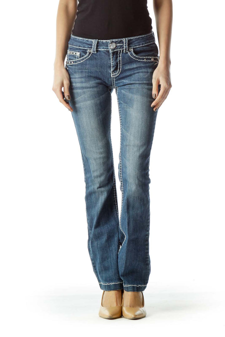 Blue Medium Wash Stitched Denim Jeans