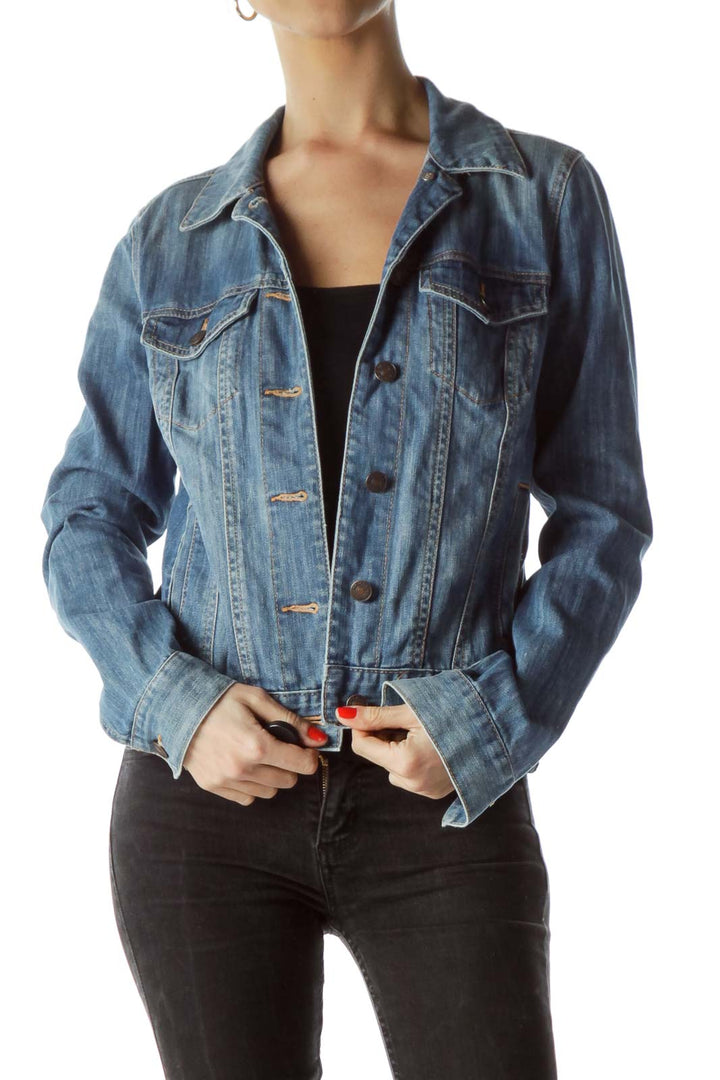 Blue Light-Wash Pocketed Denim Jacket