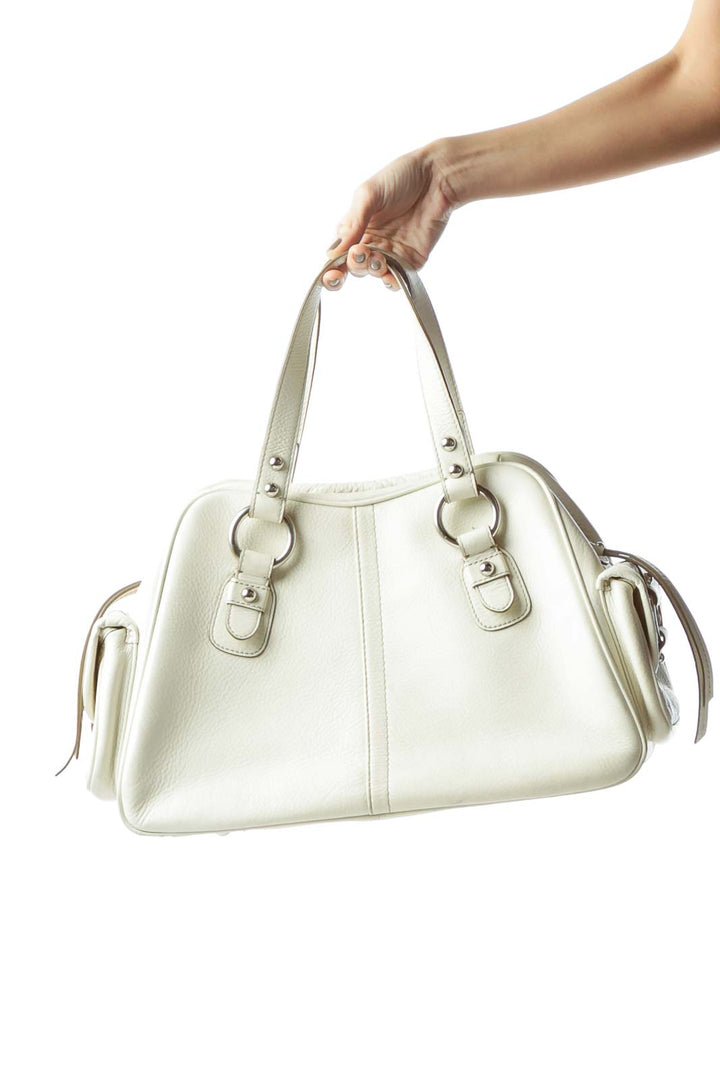 Cream Genuine Leather Pocketed Satchel with Hardware