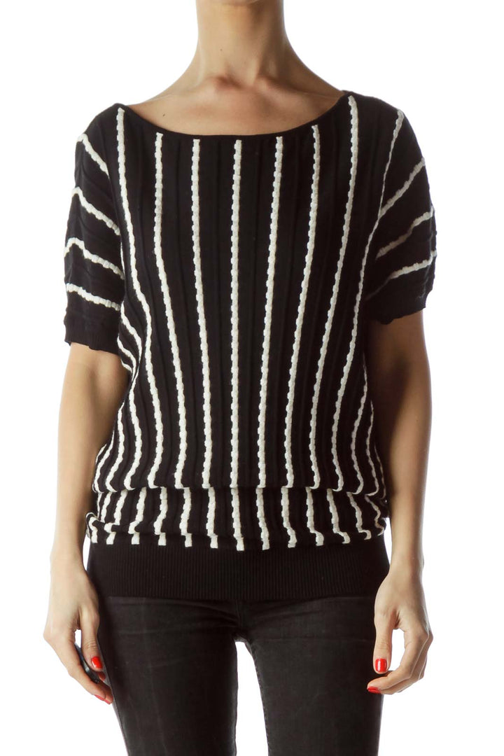 Black Cream Knitted Stripes Textured Top