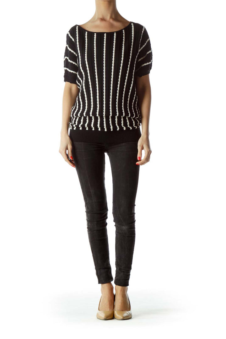 Black Cream Knitted Stripes Textured Top