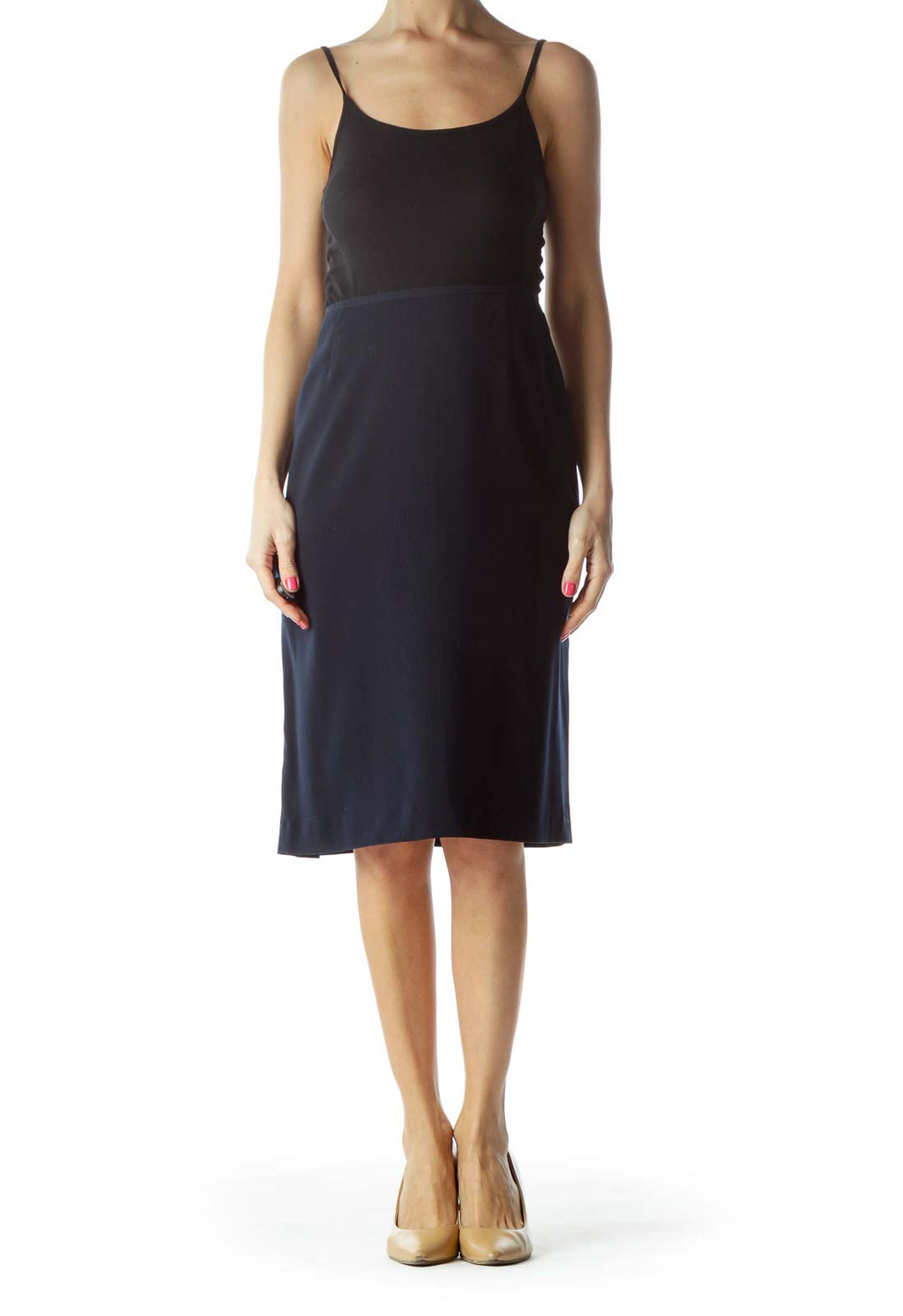 Navy Pleated Pencil Skirt