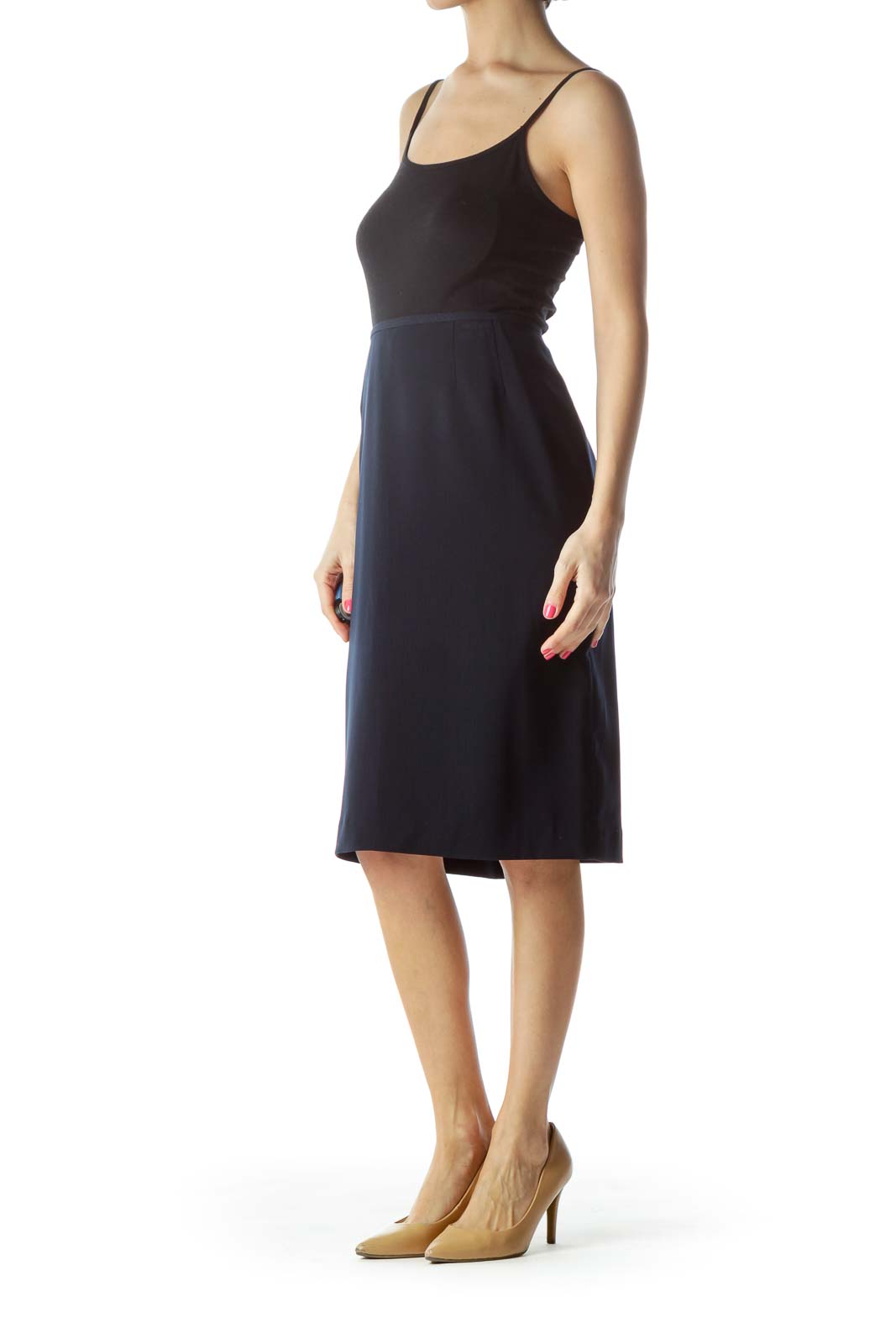 Navy Pleated Pencil Skirt