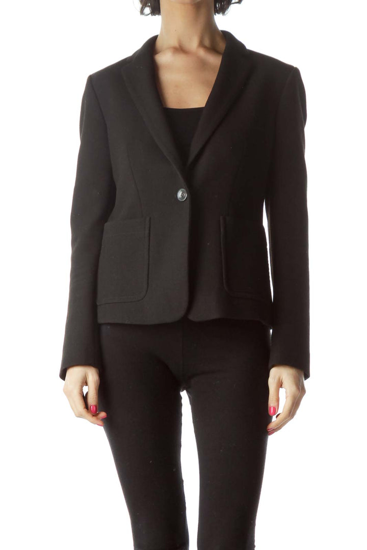 Front view of Ann Taylor black single-button blazer with notched lapels