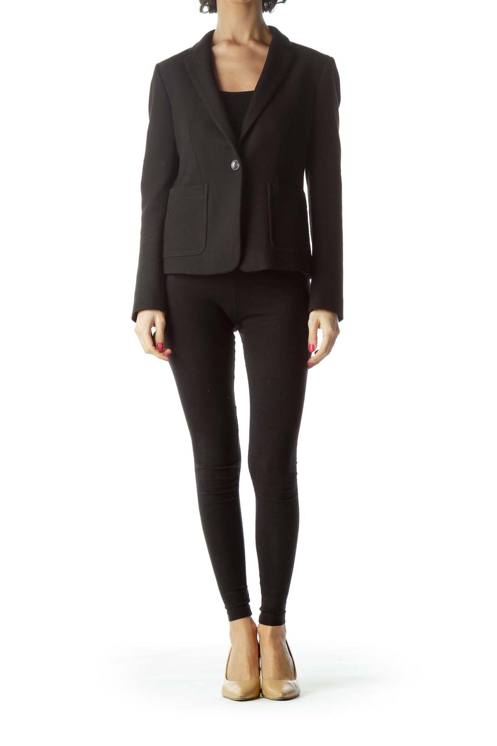 Front view of Ann Taylor black single-button blazer with notched lapels