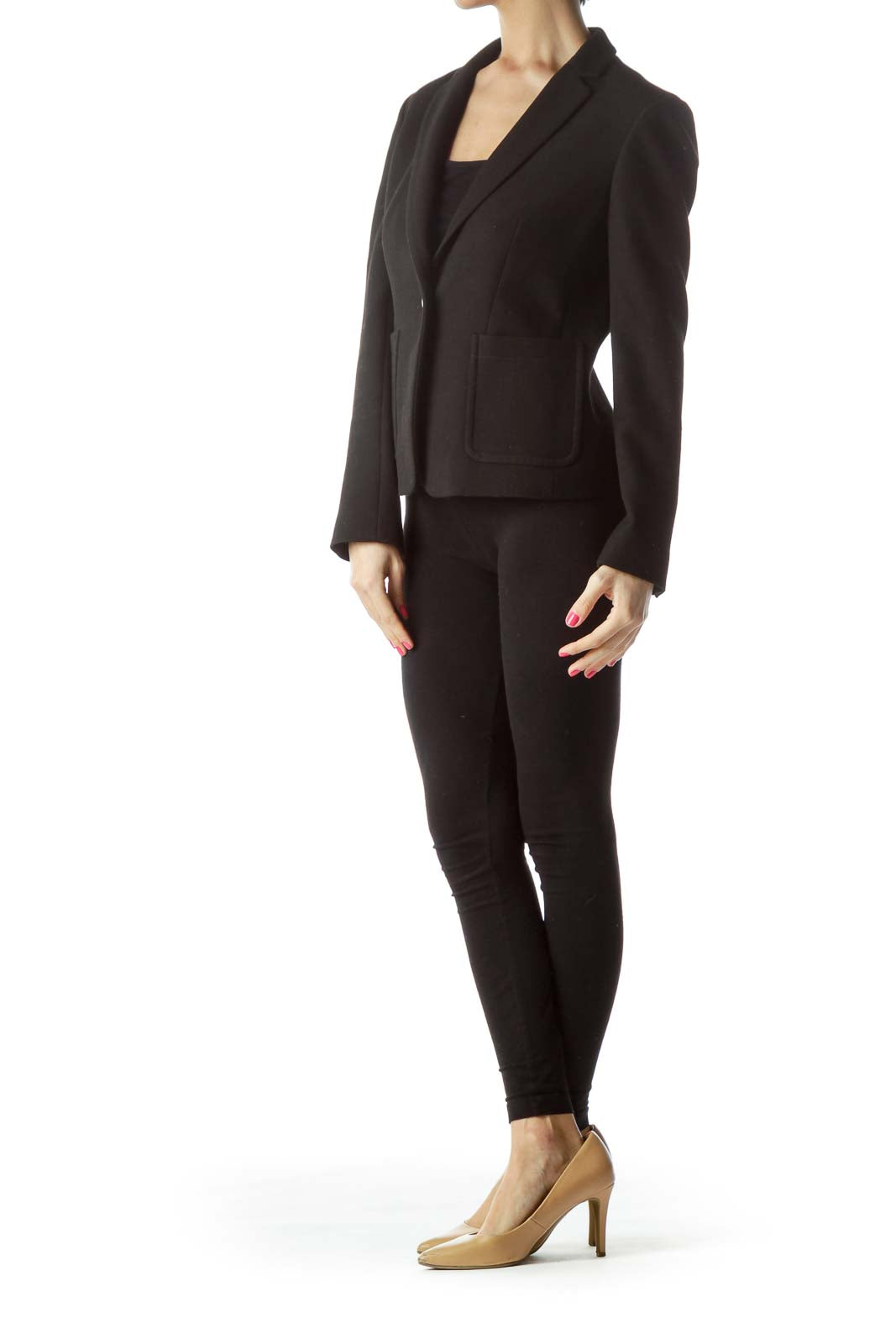 Front view of Ann Taylor black single-button blazer with notched lapels