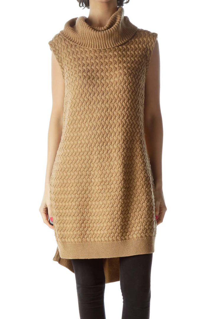 Brown Sleeveless Turtleneck Knit with Zipper Detail