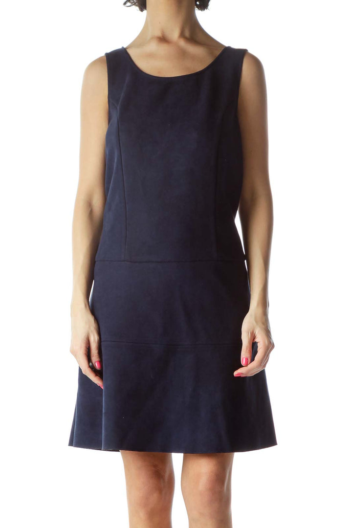 Navy Sleeveless Faux-Suede Work Dress