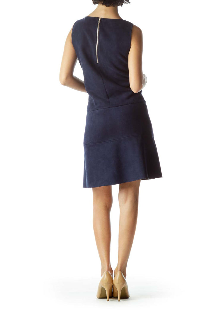 Navy Sleeveless Faux-Suede Work Dress