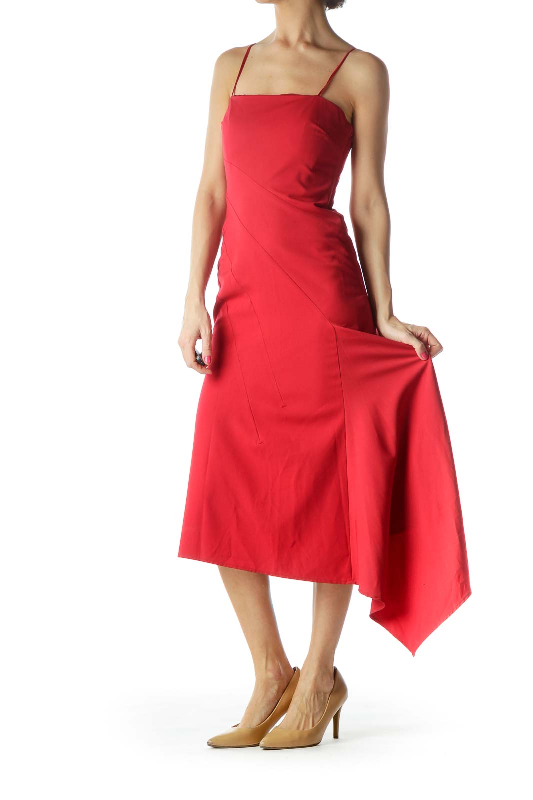 Red Strapless Asymmetric Cocktail Dress