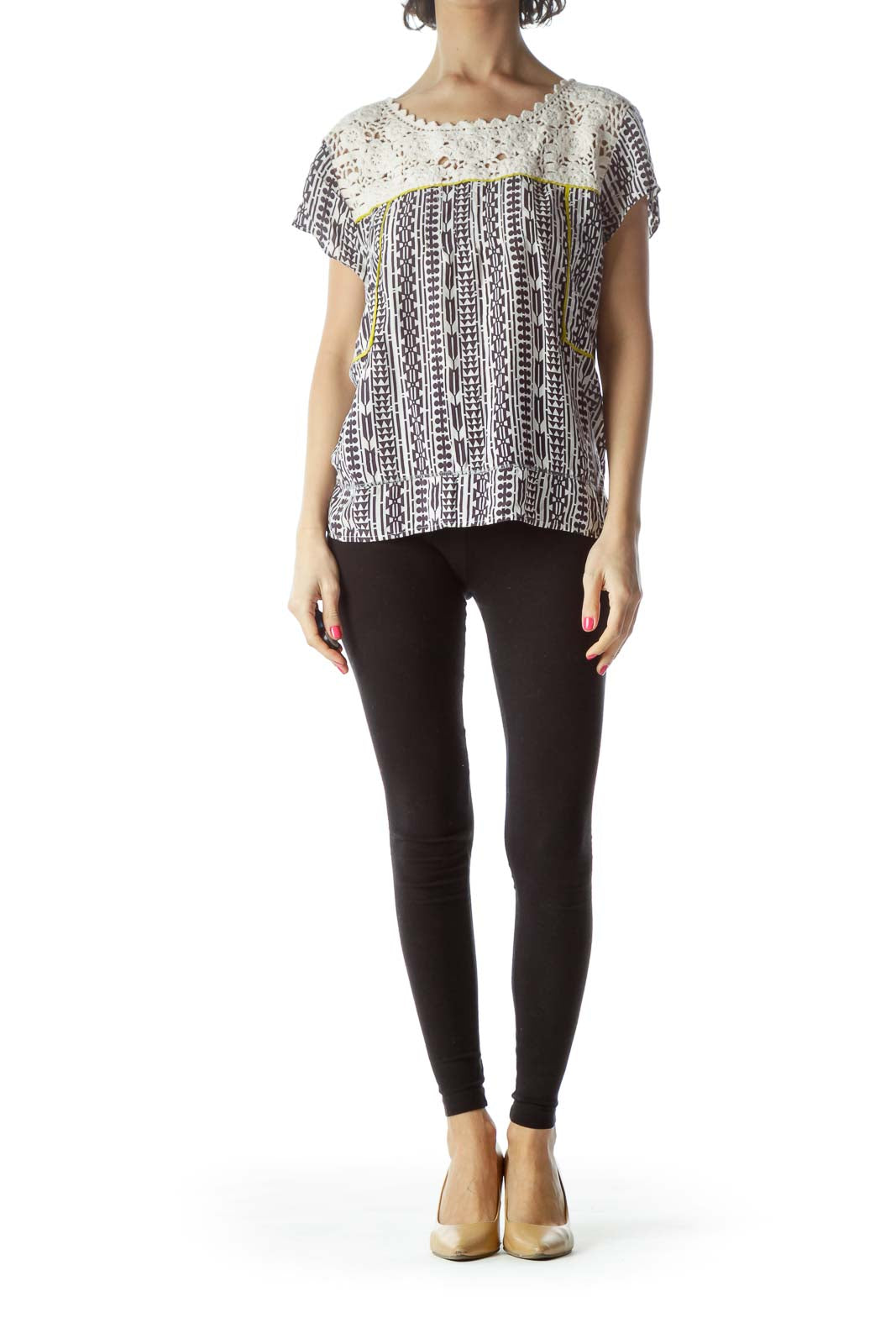 Black Printed Short Sleeve Top